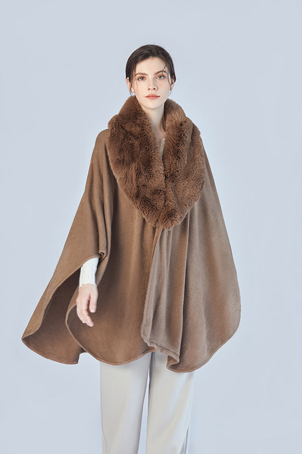 FennySun Women Knitted Fabric Soft Warm Artificial Fur Collar Cloak Shawl