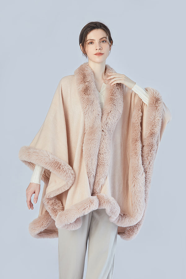 FennySun Women Winter/Autumn Artificial Fur Collar Cloak Knitted Fabric Shawl