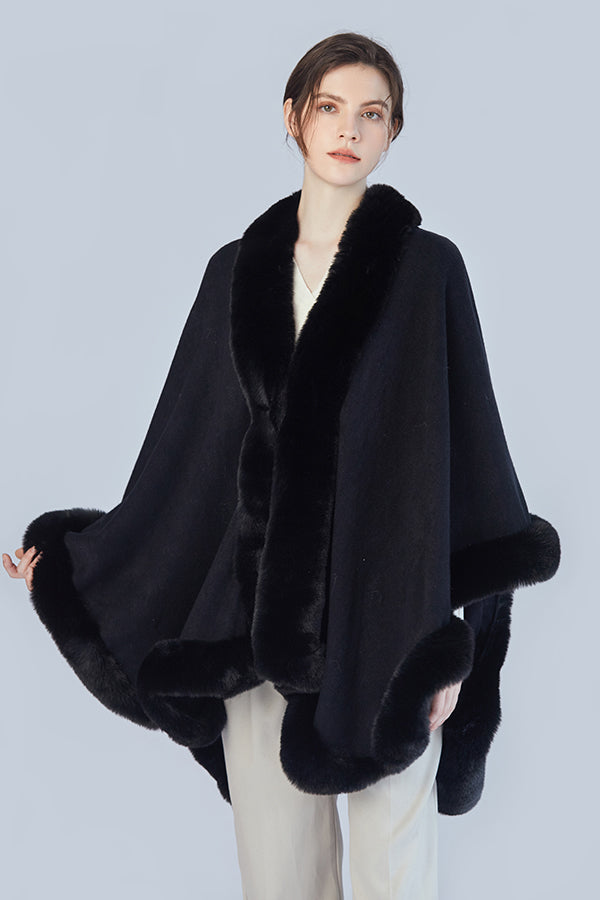 FennySun Women Winter/Autumn Artificial Fur Collar Cloak Knitted Fabric Shawl