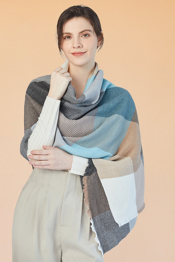 FennySun Women Pleated Style Square Pattern Scarf