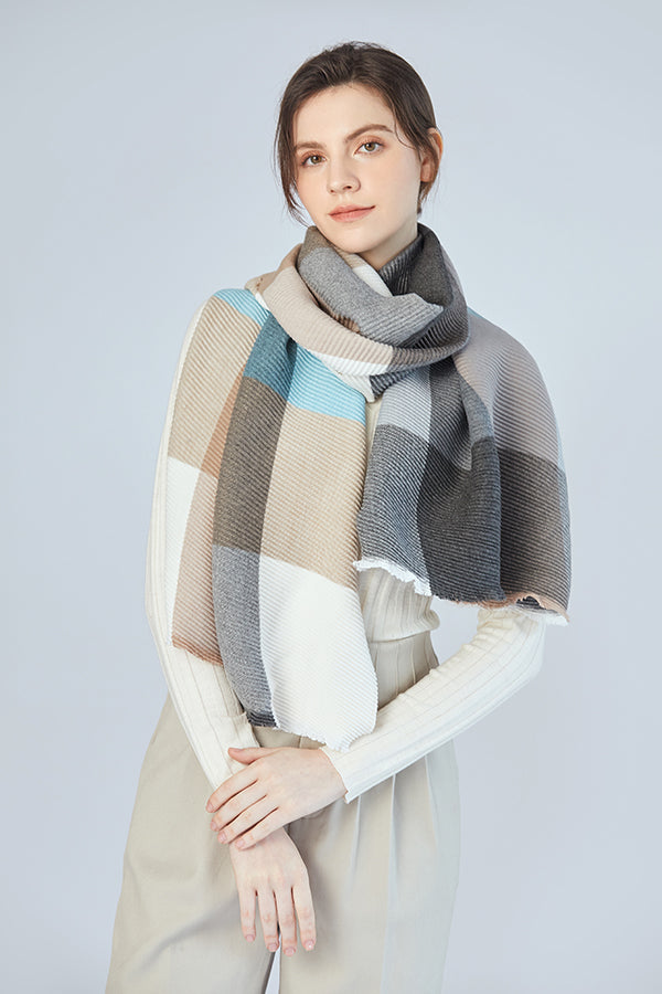 FennySun Women Pleated Style Square Pattern Scarf