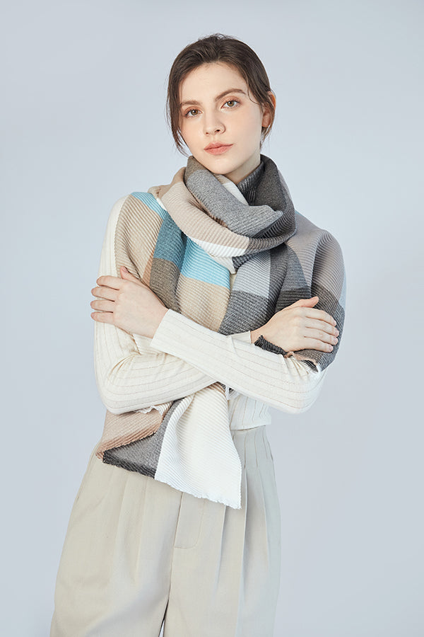 FennySun Women Pleated Style Square Pattern Scarf