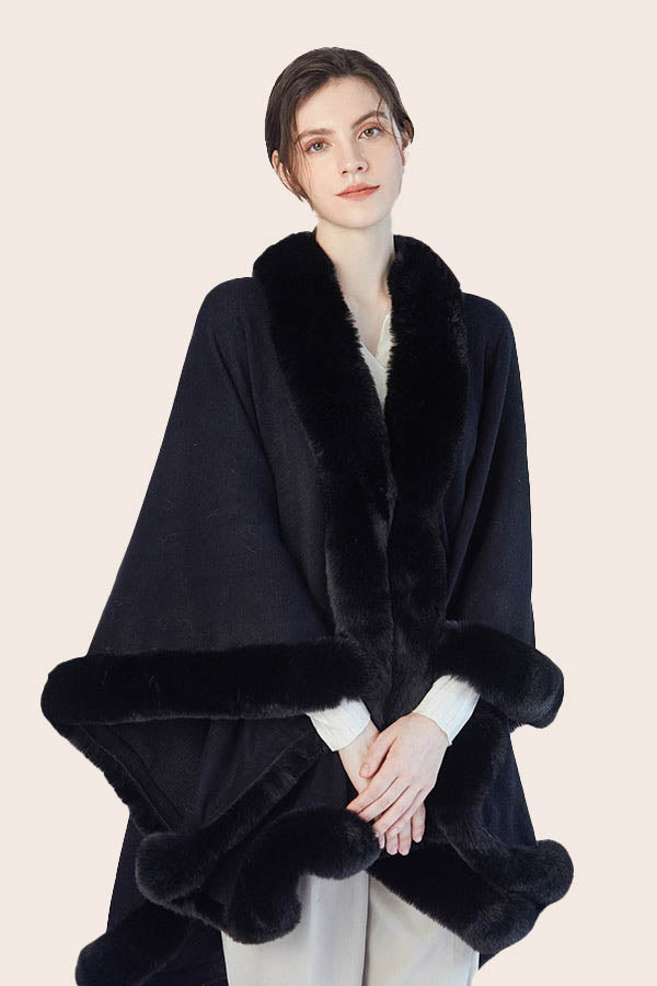 FennySun Women Winter/Autumn Artificial Fur Collar Cloak Knitted Fabric Shawl